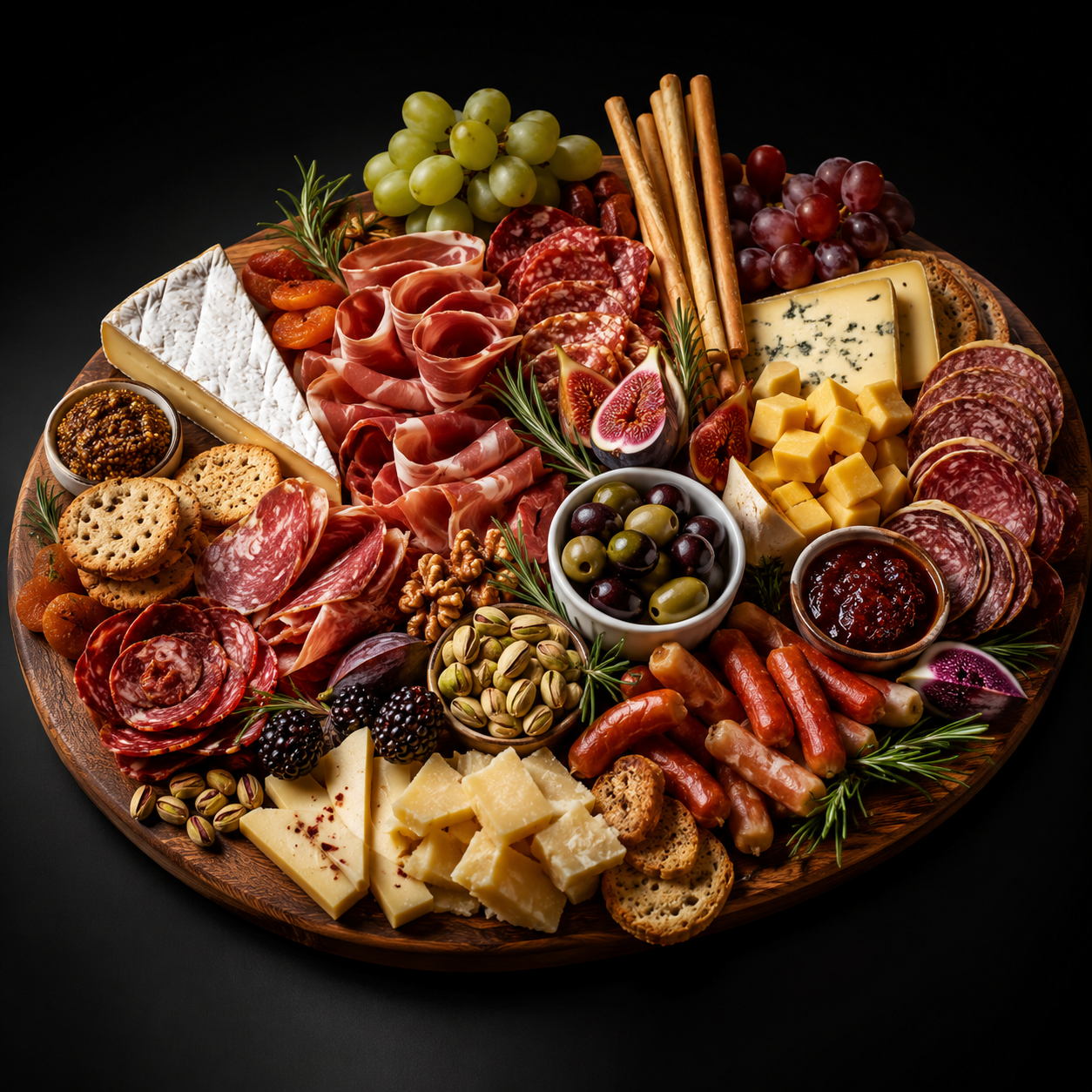 Tabla de charcutería con carnes frías, embutidos, quesos y fruta fresca en CDMX